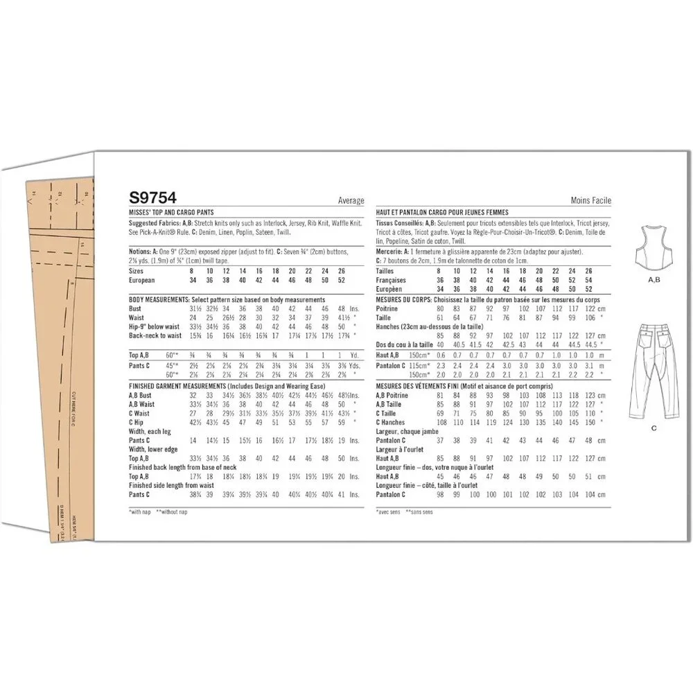 Simplicity S9754 Sewing Pattern Misses 16-26 Multi Tank Top Cargo Pants Uncut